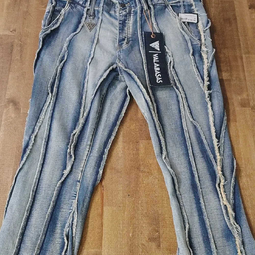 Valabasas Blue Stacked Denim Jeans with Distressed Edges and Frayed Hem Size 38