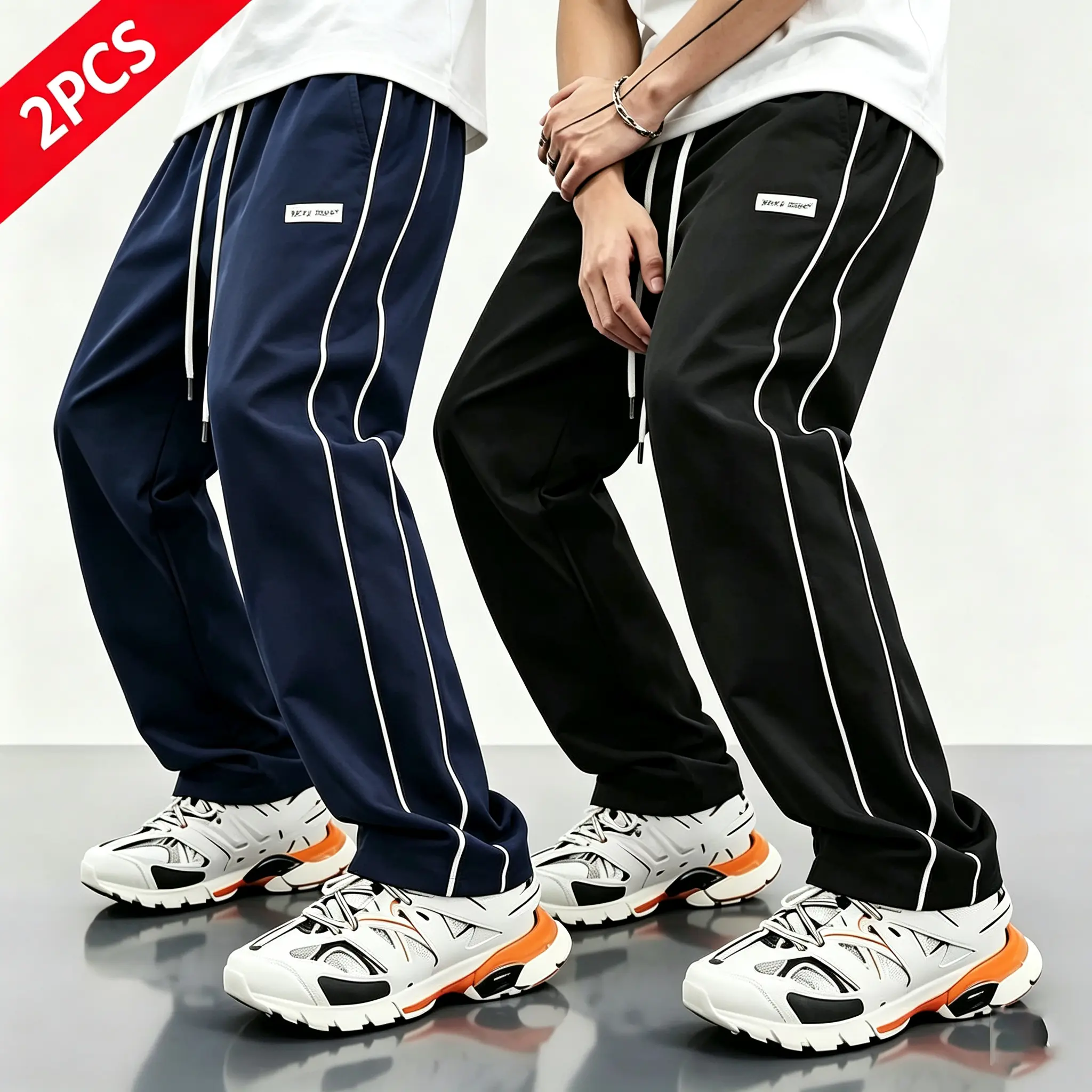 2-pack men’s casual wide-leg sports pants with two white side stripes, elastic drawstring waistband, smooth drape, minimalist loose straight cut, versatile streetwear for everyday wear