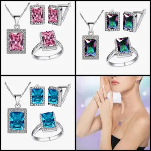 3Set Fashion Created Mystic Topaz Rainbow Crystal Wedding Jewelry Set - Big Emerald Cut Pendant Necklace Stud Earrings Ring Set