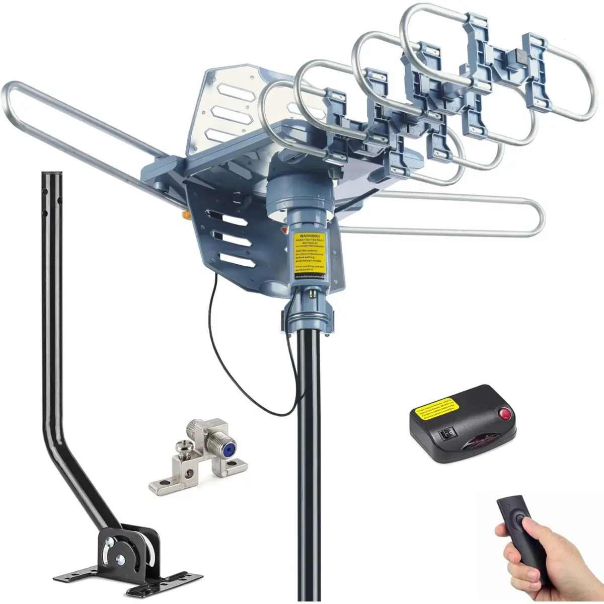 Digital Outdoor TV Antenna, 150 Mile Motorized 360 Degree Rotation Support 2 TVs, Grounding Block, Mounting Pole, 50FT RG6 Coax Cable, Wireless Remote Control, UHF/VHF, Snap-On Installation