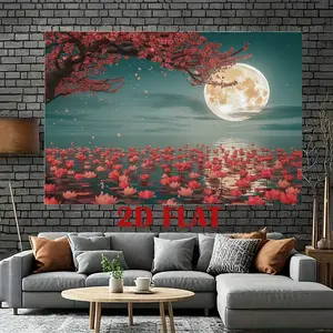 2D Flat, Flat Tapestry Suitable for Photography Backdrop & Selfie Wall - Moonlit Floral Wall Decor with Red Flower Sea Pattern, Fabric for Weddings, Birthdays, Parties - Ideal Gift, Moonlit Theme Decoration, 2D Fl