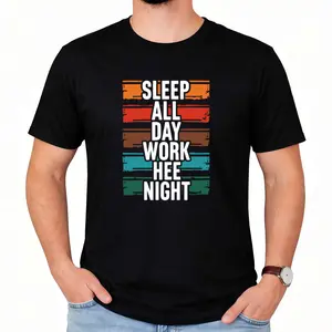 Night Shift Graphic T-Shirt — Featuring the Slogan "Sleep All Day, Work All Night." Suitable for All Seasons and Genders. A Casual Work Shirt Ideal for Night Shift Workers, Nurses, Security Guards, and Night Staff — A Fun Choice.