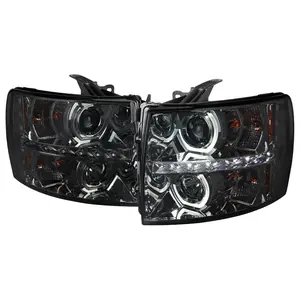 2007-2013 Chevrolet Silverado 1500/ 2007-2014 Silverado 2500HD 3500HD Dual U-Ring Halo Projector Headlights w/ LED Light Strip (Chrome Housing/Smoked Lens)