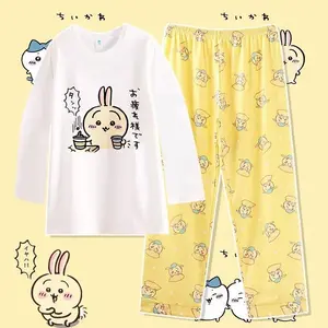 Anime Usag Hachiware Summer thin pajamas round neck Loose long-sleeved shirt and pants Cute cartoon pattern household clothes