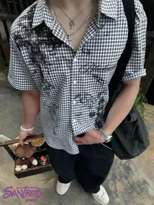 Unisex Black & White Plaid Short Sleeve Casual Shirt with Gothic Cross Print Retro Streetwear Top