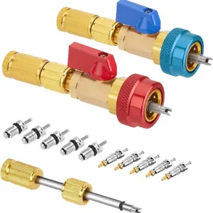 AC Valve Core Remover Installer Tool with Dual Size SAE 1/4 & 5/16 Port, 20 PCS Valve Cores with Teflon Seal and 10 PCS Brass Nuts, Compatible with R22 R12 R407 R410 R404 R32 R600 A/C