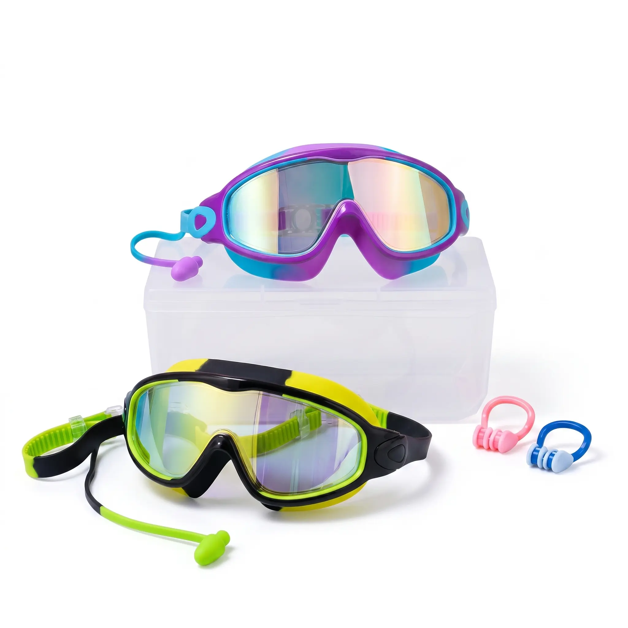 Kids Swim Goggles 2-Pack  for Boys & Girls Ages 3-16,  Glasses with Built-In Anti-Lost Earplugs, Leak-Proof Silicone Frame,  No-Pull Strap for Summer Pool Use anti-fog uv anti-uv swimming wide view adjustable waterproof water outdoor vision