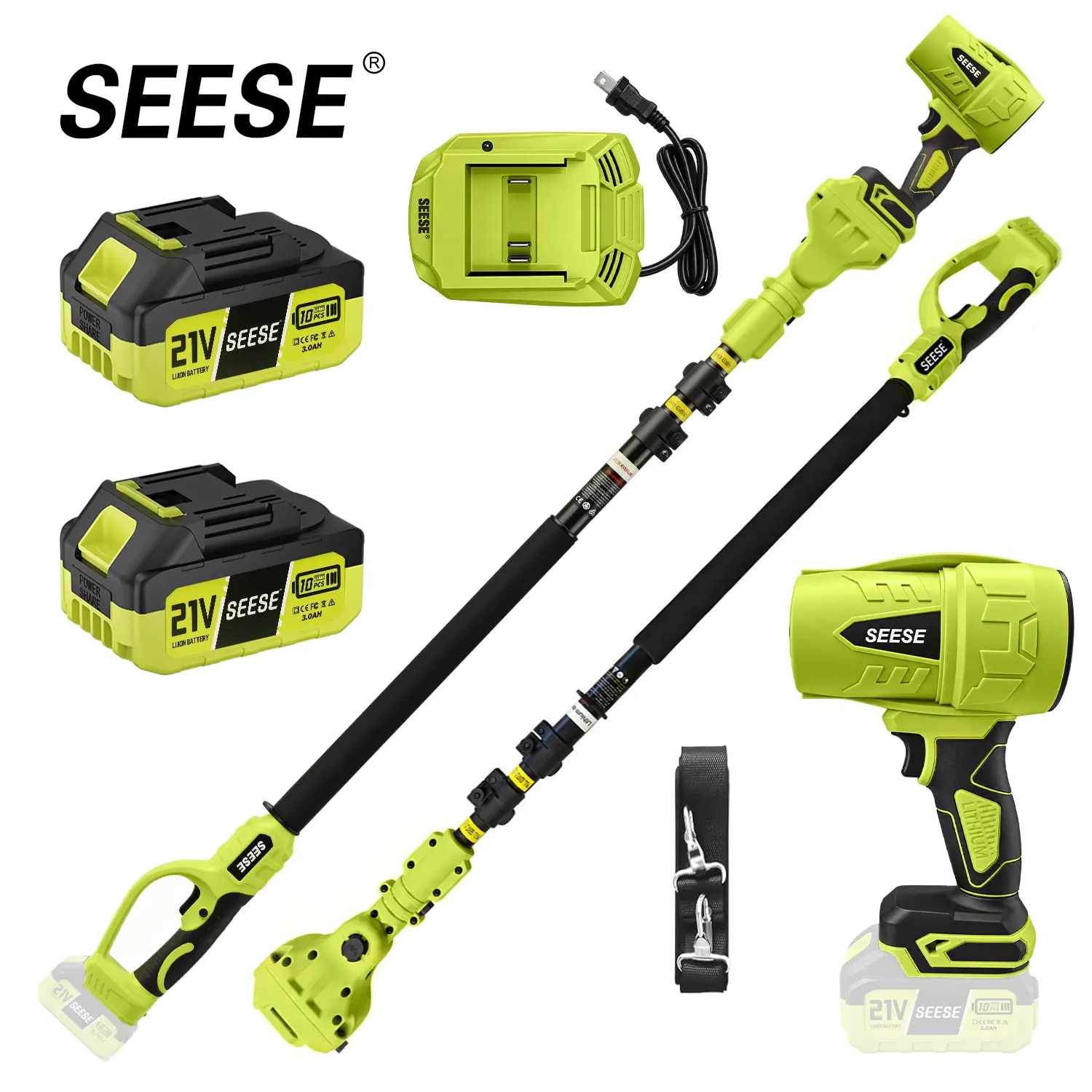 SEESE 2 in 1 Cordless Leaf Blower with 21V Battery, 35,000 RPM Brushless Electric Air Duster, Telescopic Pole Blower, Working Height up to 16ft, Adjustable Extension Rod for Lawn, Gutter & Outdoor Cleaning