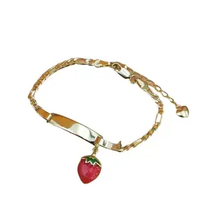 14K Gold Plated Cute Strawberry Charm Bracelet for Kids & Little Girls, Sweet Curved Blank Tag Design Chain, Trendy Spring New Arrival Fashion Jewelry, Dainty Lightweight Gift for Children Daily Wear & Holiday Presents
