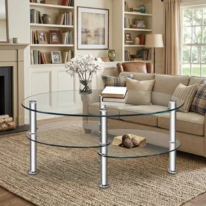Tempered Glass Coffee Table, 35.5''x20''x18'' Silver Irregular Coffee Table with 2 Bottom Storage Shelves, Easy to Clean & Assemble, Elegant Stylish Design for Living Room Home Household