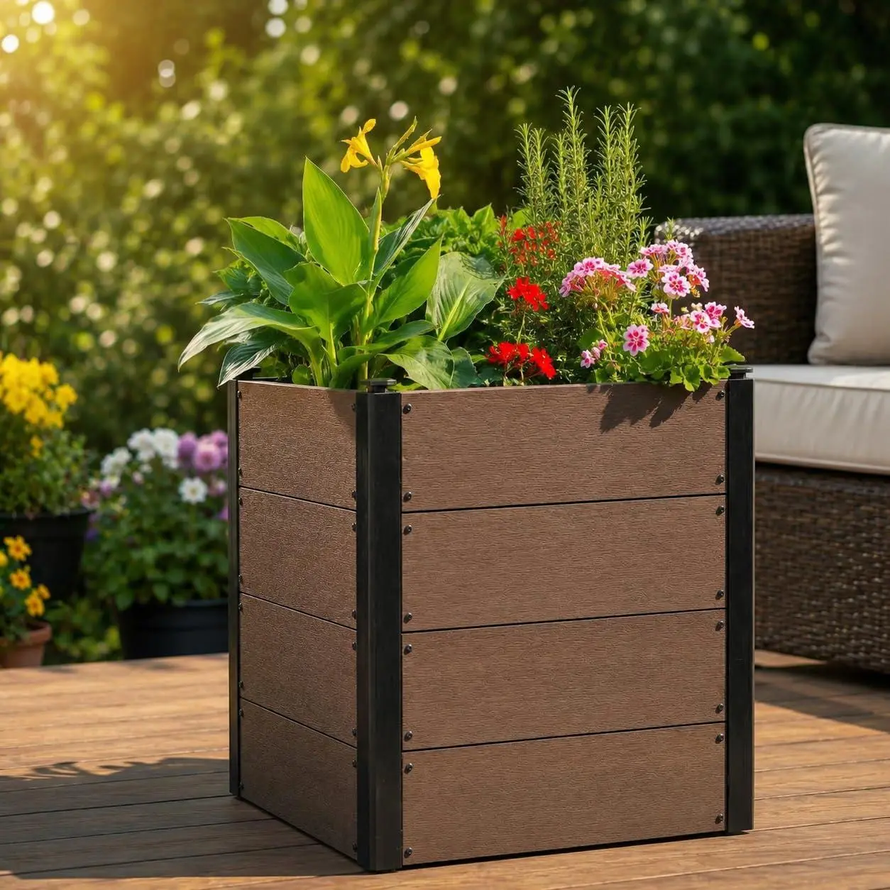 GARVEE Raised Garden Bed with Bottom, 25 x 25 x 24 in Wood Plastic Composite Outdoor Planter Box, Wood Look Square Raised Planter Box for Vegetables, Herbs, Flowers, Plants and Backyard Gardening, Brown