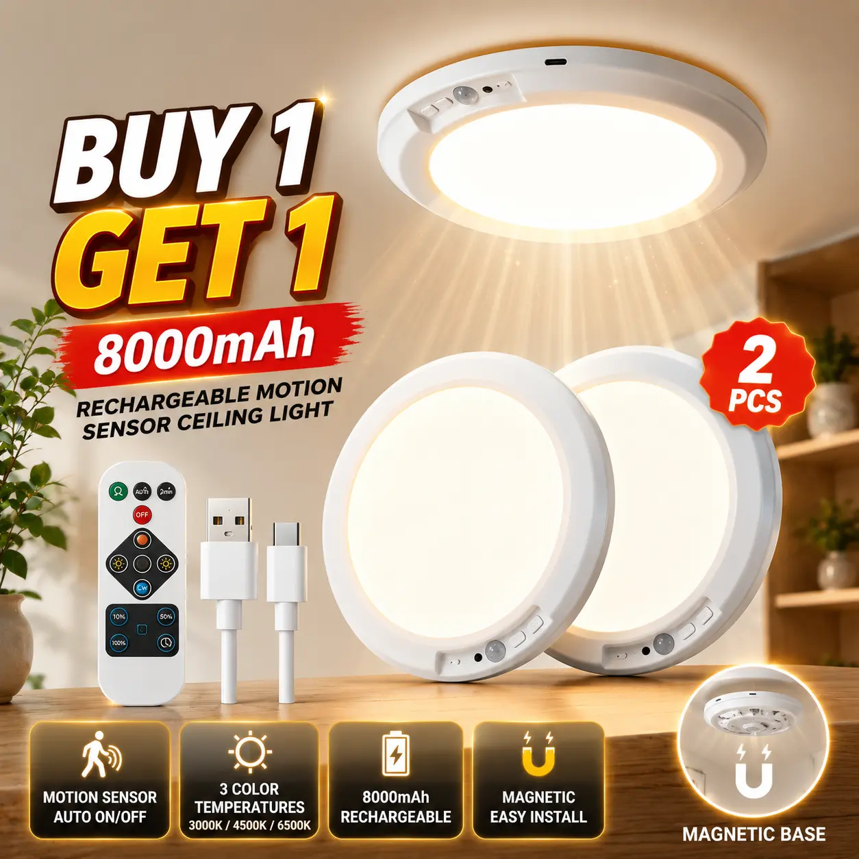 Buy 1 Get 1 Free Product - 8000mAh LED Motion Sensor Rechargeable Ceiling Light, Battery-Operated Wireless Lamp with Remote for Closet, Bathroom, Ceiling Lights Rechargeable, Interior Led Lights, Led Ceiling System