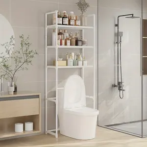 3-tier plastic bathroom storage shelf, easy to assemble, floor-mounted, suitable for various room types, with durable metal tube brackets, Bathroom Storage Organizer