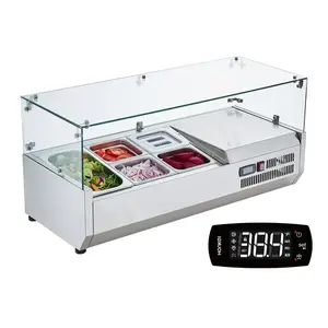 Refrigerated Condiment Prep Station, 130 W Countertop Refrigerated Condiment Station, with 1 1/3 Pan & 4 1/6 Pans, 304 Stainless Body and PC Lid, Sandwich Prep Table with Glass Guard, ETL