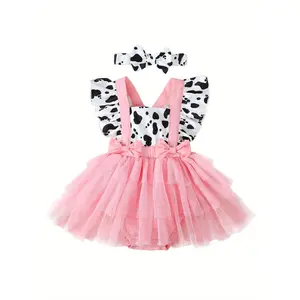 Adorable Cow Print Tulle Romper Dress for Baby Girls - Summer Flying Sleeve with Matching Headband, Non-Stretch Polyester