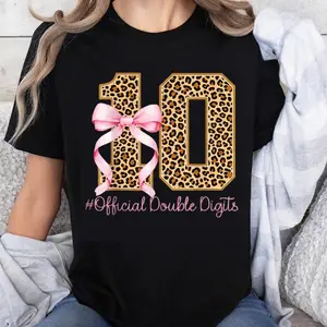 100% Cotton Fashion Garment 10th Birthday Shirt Leopard Print Number 10 with Pink Bow Official Double Digits T-Shirt for Girls Birthday Party Wear