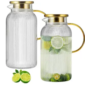 2 Pcs Glass Pitchers,Classic Vertical-Ribbed Pitcher with Handle,Cold Brew Coffee Carafe,Party Beverage Dispenser,Heat-Resistant,Ideal for Cold Brew Coffee, Juices, Iced Sun Tea, Summer Drinkware.