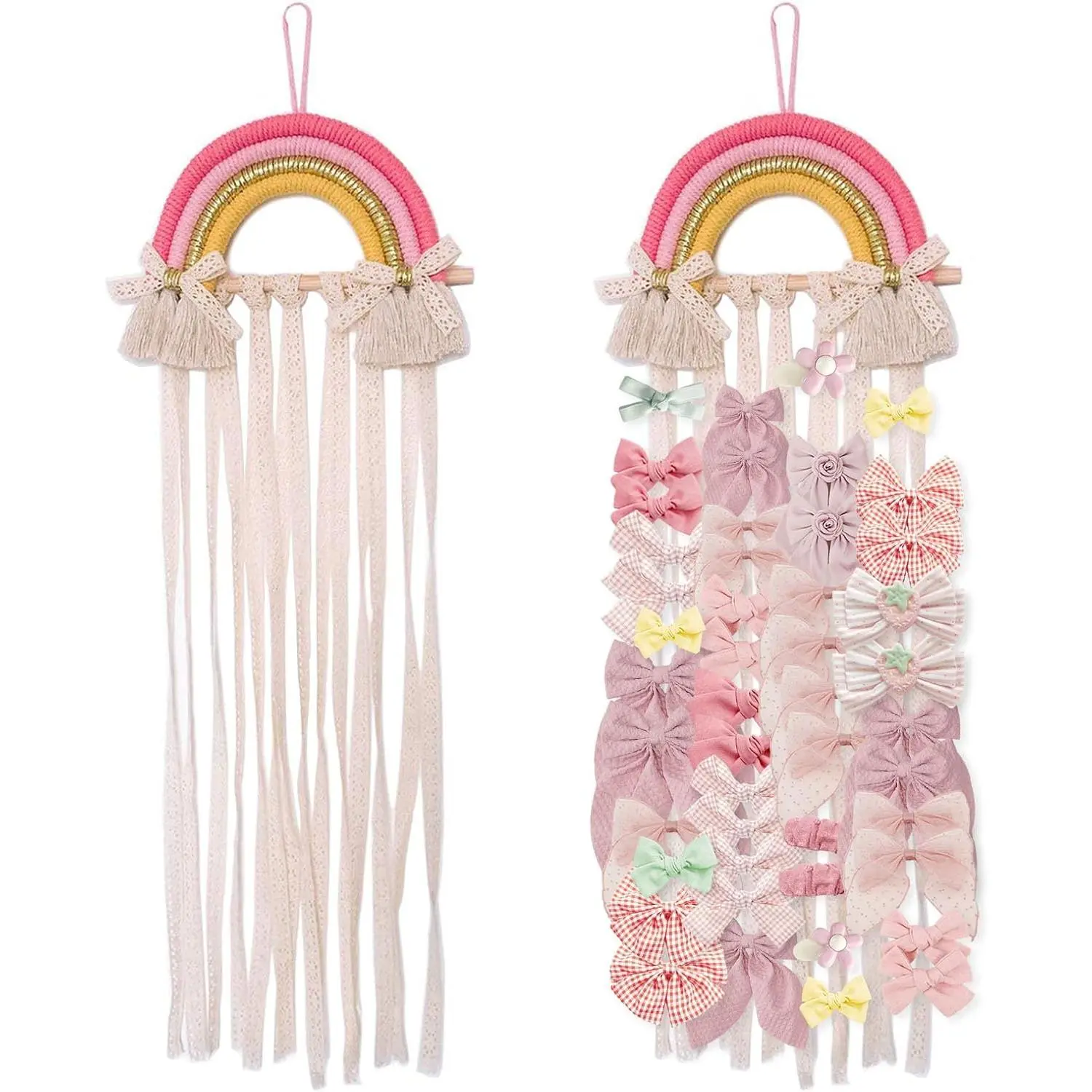 Sturdy Wall-Hanging Rainbow Tassel Hair Accessory Storage Rack - Home Hanging Decoration, Room Decor, Christmas Alternative Decor for Girl Room Accessories (Pink, Yellow)