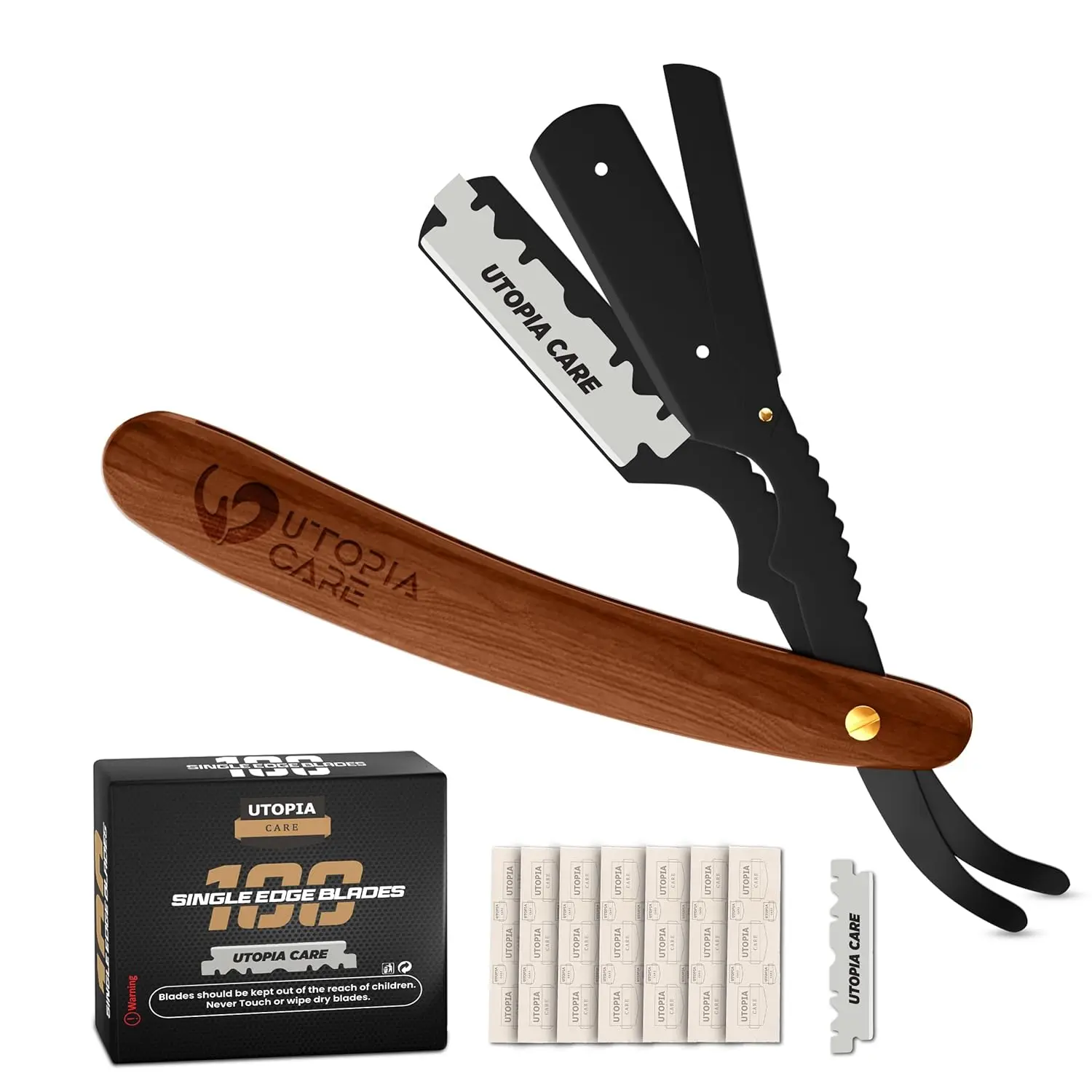 Straight Razors For Men, Professional Barber Straight Edge Razor with 100 Single Edge Blades, Stainless Steel, Beard Shaving Kit For Men, Premium Smooth Wooden Grip, Dark Brown