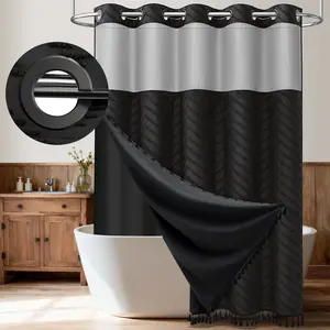 Hook-Free Boho Farmhouse Tufted Chevron Striped Tassel Shower Curtain with Snap-In Magnetic Liner, Chevron Textured, Sheer Window, Waterproof 3-in-1 Set