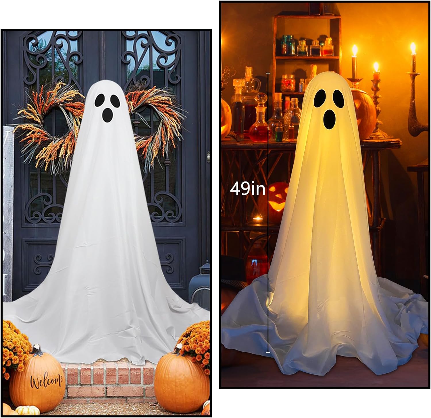 Set of 2 Halloween Outdoor Decorations: Creepy Ghosts with Battery-Operated String Lights, Simple to Assemble for Your Front Porch or Yard Ornaments