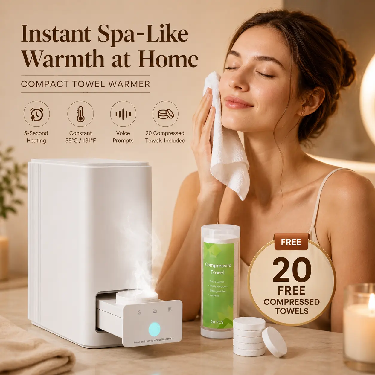 Smart Hot Face Towel Warmer Machine, Includes 20 PCS Compressed Towels