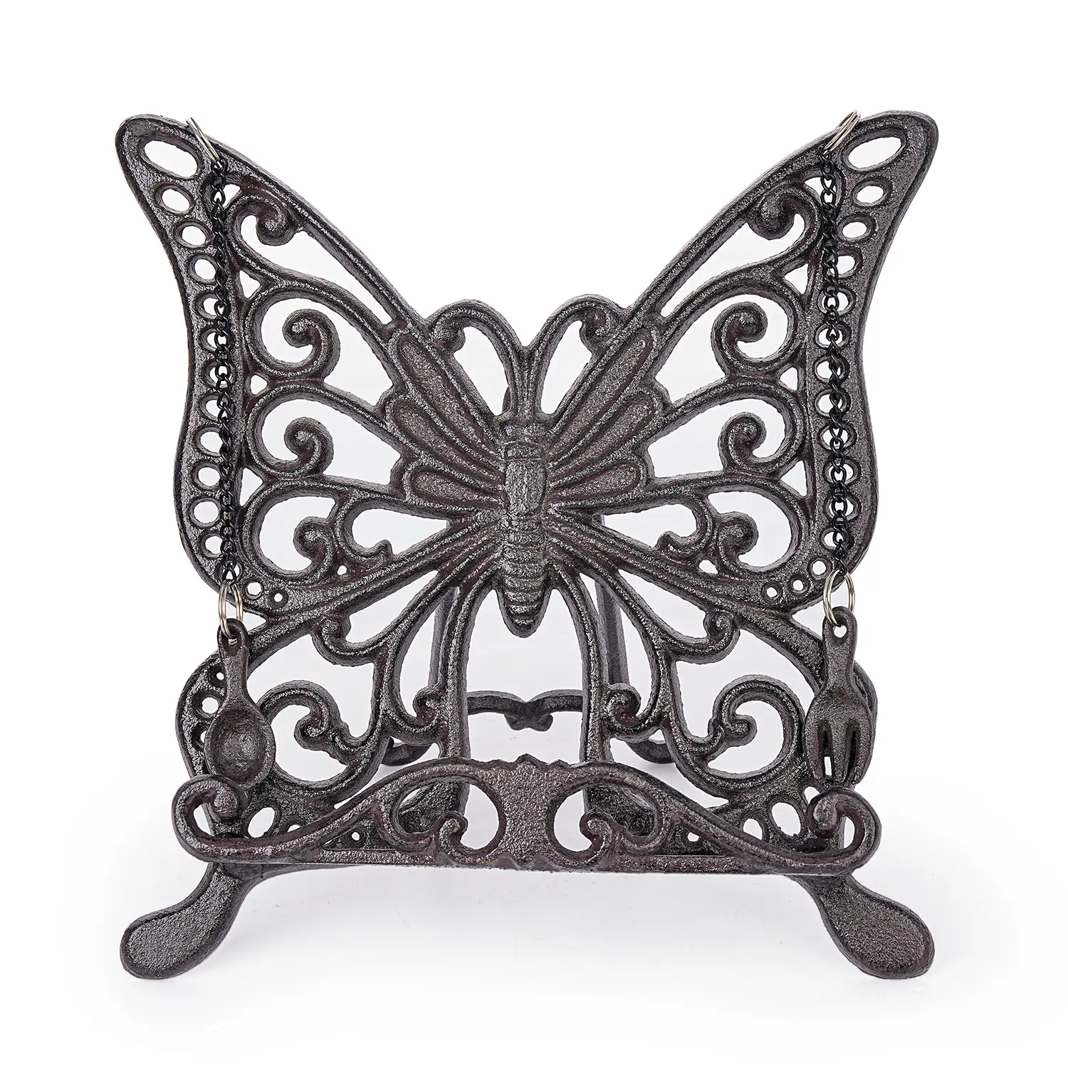 Sungmor Vintage Cast Iron Butterfly Book Holder - 11.5in Tall Rustic Brown Heavy-Duty Recipe Stand with Storage Racks, Kitchen Accessories for Kitchen Countertop, Farmhouse Home Decor