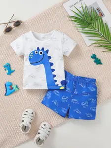 Blue Fun Cartoon Dinosaur Full Print Round Neck Knitted T-Shirt Straight Leg Woven Shorts Casual Set Summer Men Baby Boys Tops