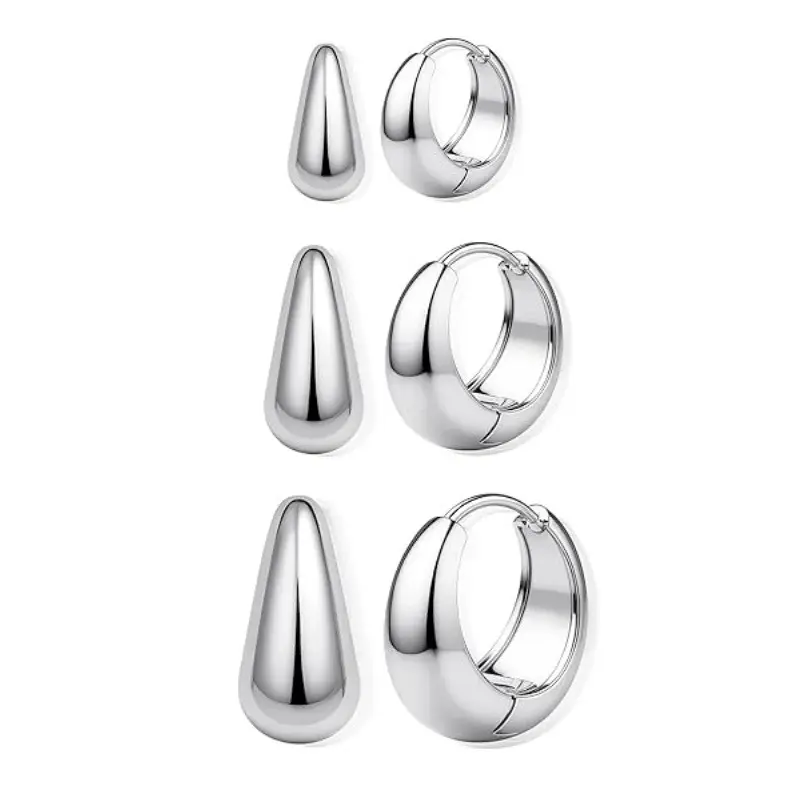 3 pairs, 10mm, 12mm, 15mm silver Hoop Earrings Set for Women Trendy, 14K Gold Plated Lightweight Small Silver Hoop Earrings for Women Chunky Open Hoops Earrings Jewelry Gifts metal ear back
