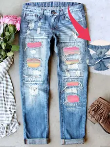 Women's Patch Ripped Distressed Mid-Waist Boyfriend Fit Washed Cute Print Loose Denim Jeans Patchwork Elastic Waistband Breathable Comfy for All Seasons