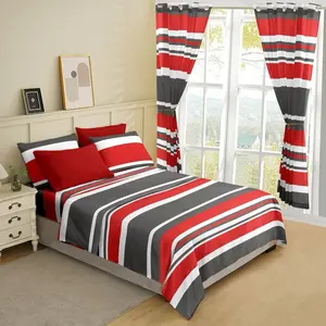 Red and Gray Striped Bedsheets Set with Two Curtains for Two - Ideal for Comfortable Sleep