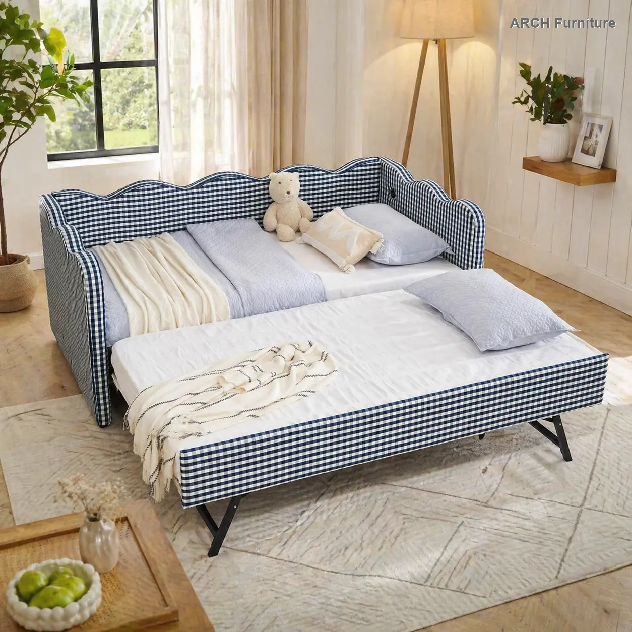 Navy Twin Size Upholstered Curved Headboard Gingham Plaid Daybed - Linen Fabric Comfy Sofa, Smart Furniture with Trundle, USB Port, Wave Shape, No Box Spring Required