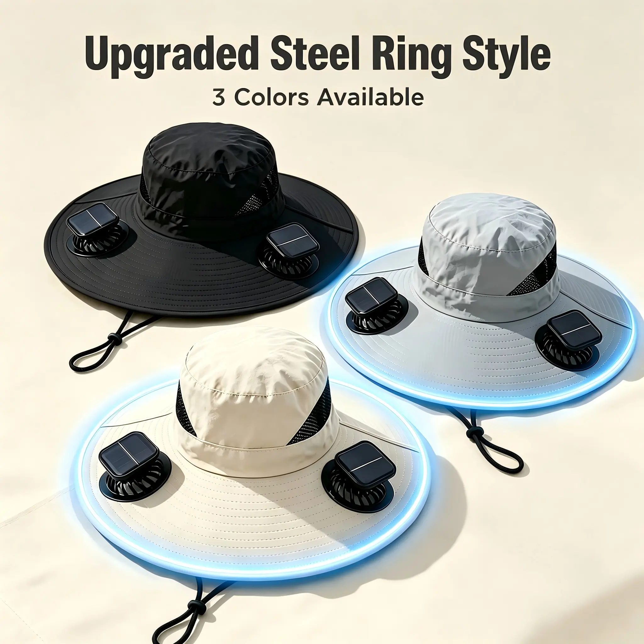 Upgraded Steel Ring Solar-Powered Fan Bucket Hat - Heat Relief, Solar Shading, UPF50+ Wide Brim Outdoor Cap, 2 Cooling Fans, USB Rechargeable 3-Speed Hands-Free, Beach Gear, Unisex Sports & Outdoor Hats, Heat Relief Hat