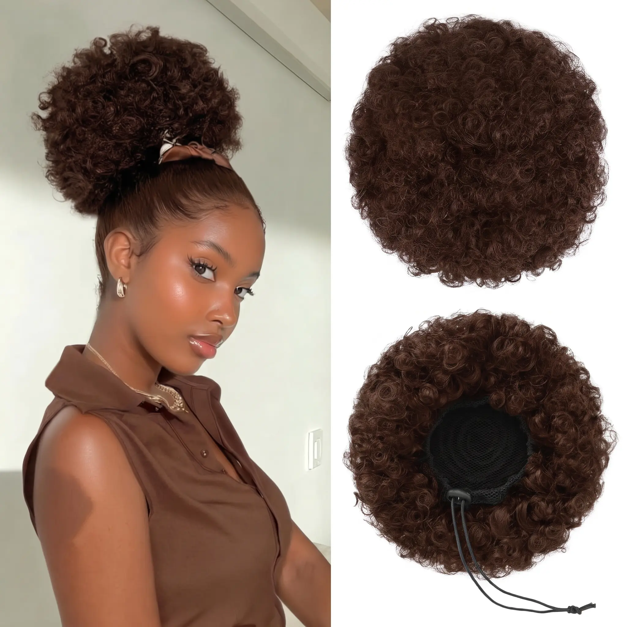 2# Brown Afro Puff Drawstring Ponytail Extension for Black Women, Human Hair Short Kinky Curly Pony Tail Clip In On Hair Bun Hairpieces