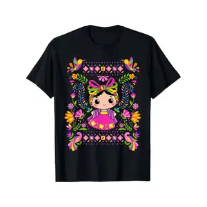 Women S Vibrant Mexican Mazahua Lele Maria T Shirt Featuring Cartoon Folk Art Graphics Short Sleeve Cotton Casual Comfortable and Machine Washable Black with Colorful Floral Designs Unisex