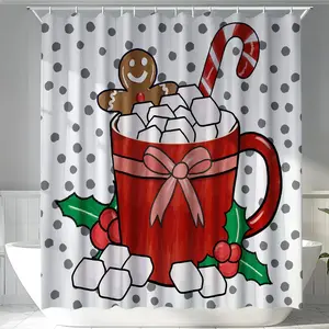 Christmas Themed Shower Curtain, 1 Count Lovely Gingerbread Man Pattern Bathroom Curtain, Bathroom Decoration Supplies for Home Hotel Salon Dormitory