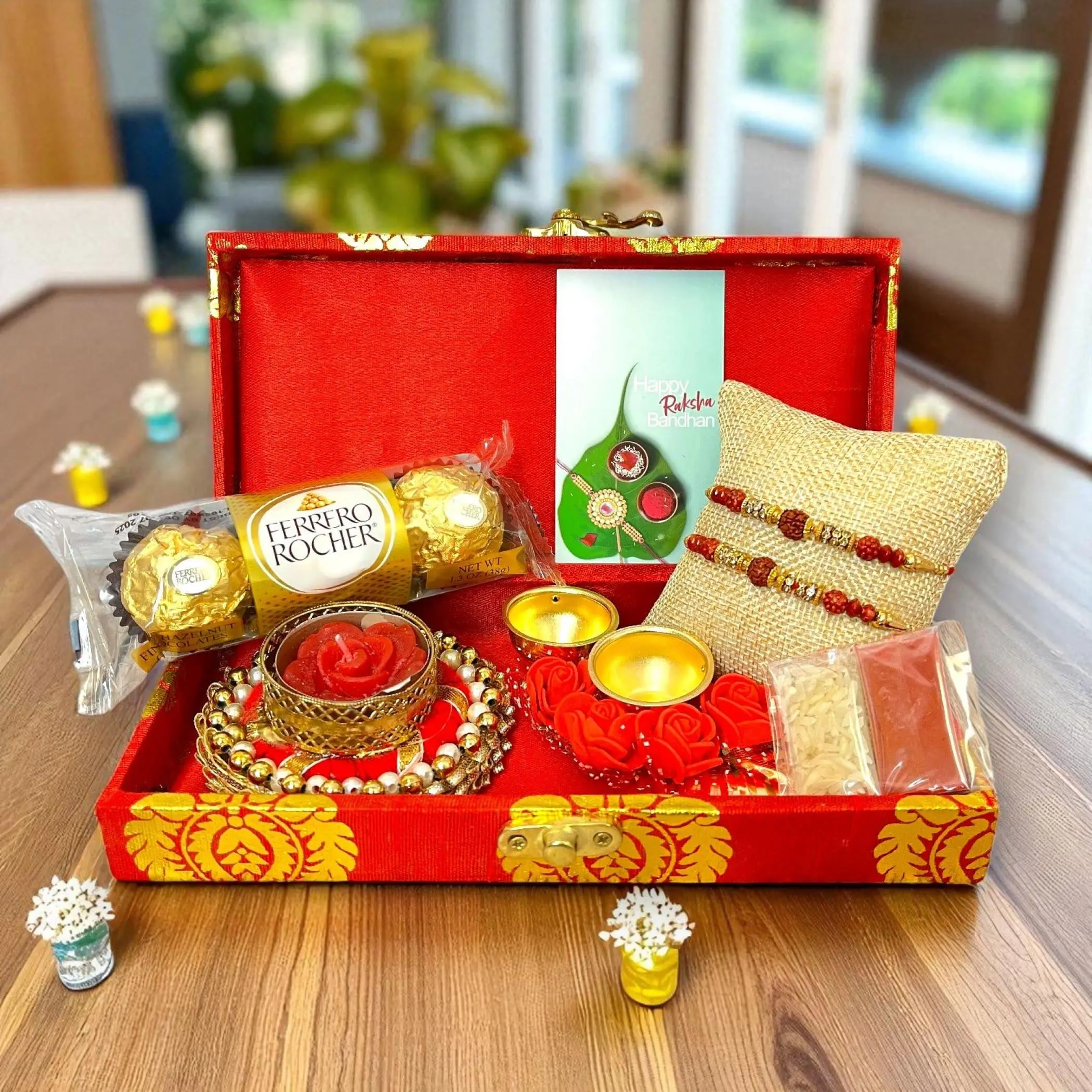 Elegant Rakhi Gift Hamper Set | Luxurious Rakhi & Pooja Plate | Celebrate Raksha Bandhan with Love & Protection | Sacred Gifts for Bhai & Bhabhi