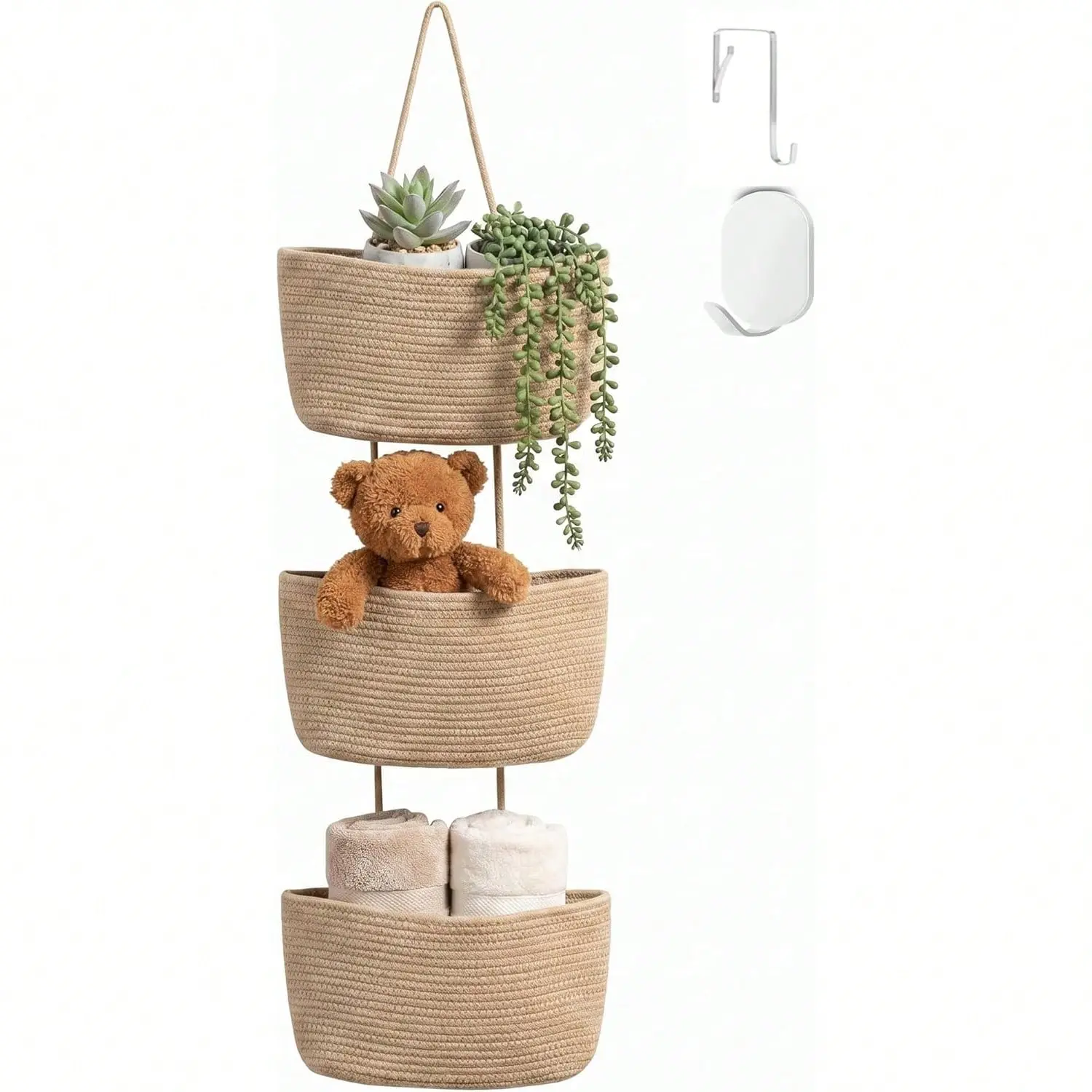 Door-mounted baby basket, 3-layer woven cotton wall-mounted storage bag, decorative hanging baby basket.