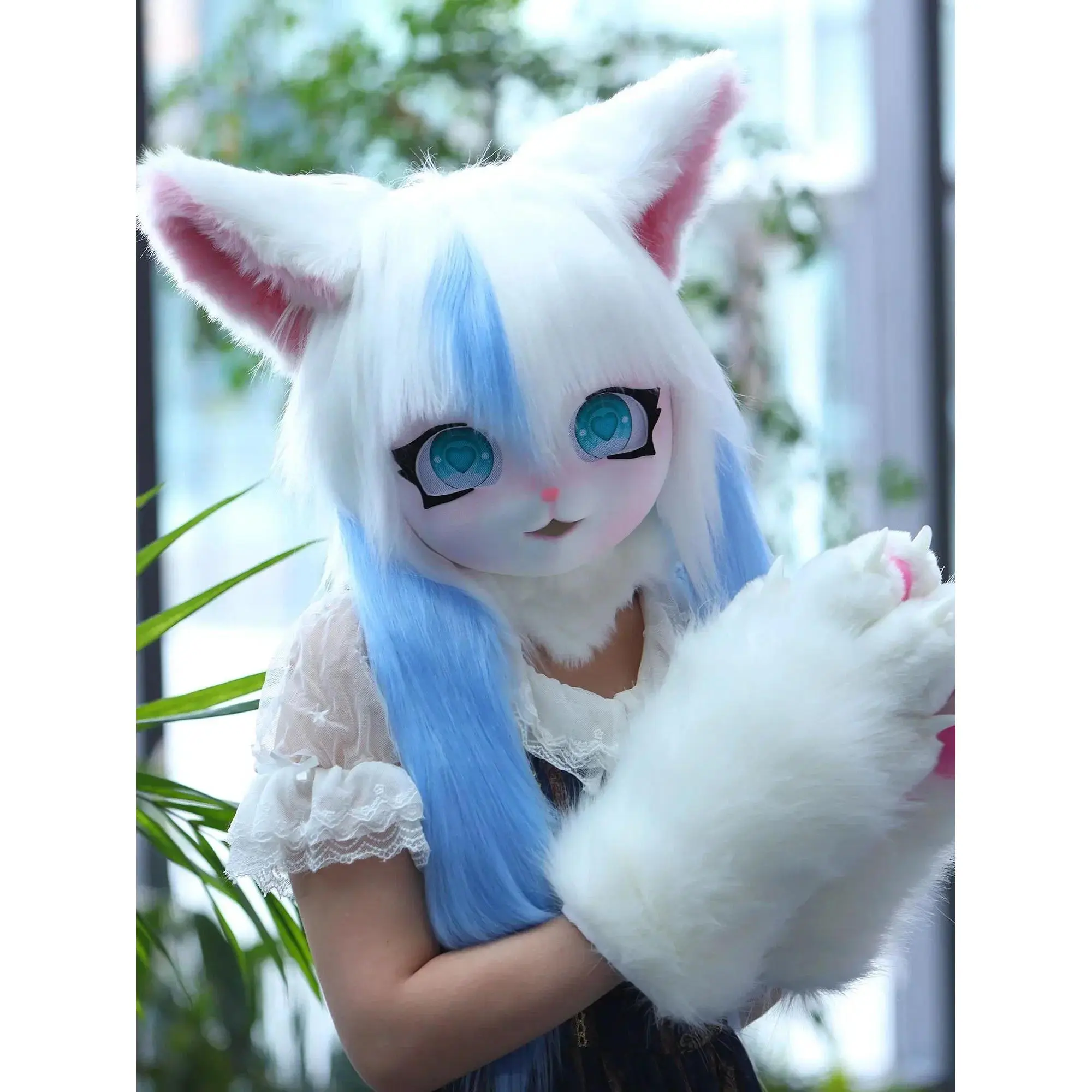 Unisex 3D Printed Cute Animal Cosplay Faux Fur Fursuit Head Mask - Solid Fur Fashion Accessory for Cosplay Party, Halloween, Ventilated Mesh Eyes, Flocked Nose, Fanvent Ready, Soft Plush