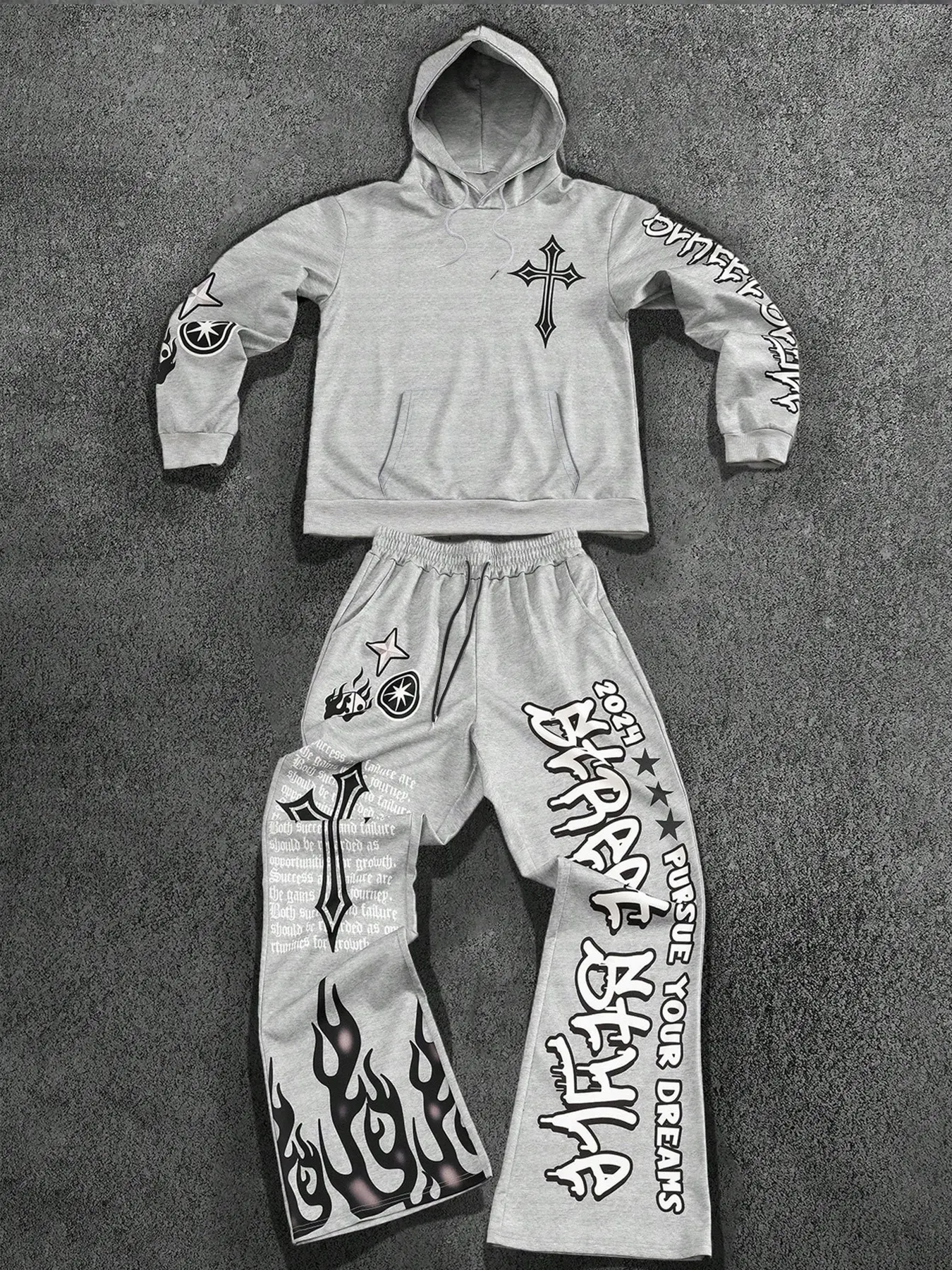 Street Style Cross Flame Print Set, Pants Set Outfit, Streetwear Set, Comfortable Knit Fabric, Trendy Casual Wear, Baggy Loose Long Sleeve Menswear, Perfect for Daily, Home Relaxation & Light Sports