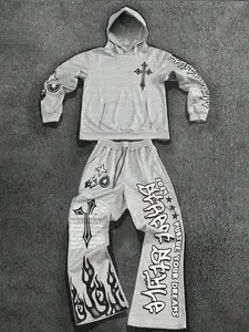 Street Style Cross Flame Print Set, Man, Comfortable Knit Fabric, Trendy Casual Wear, Perfect for Daily, Home Relaxation & Light Sports