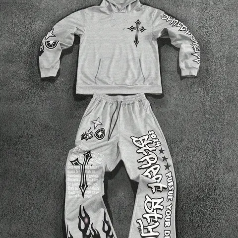 Street Style Cross Flame Print Set, Pants Set Outfit, Streetwear Set, Comfortable Knit Fabric, Trendy Casual Wear, Baggy Loose Long Sleeve Menswear, Perfect for Daily, Home Relaxation & Light Sports