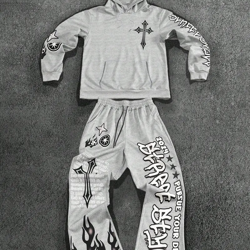 Street Style Cross Flame Print Set, Pants Set Outfit, Streetwear Set, Comfortable Knit Fabric, Trendy Casual Wear, Baggy Loose Long Sleeve Menswear, Perfect for Daily, Home Relaxation & Light Sports