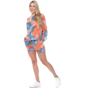 Women's Tie Dye Lounge Top & Shorts Set Orange/Blue Small - White Mark