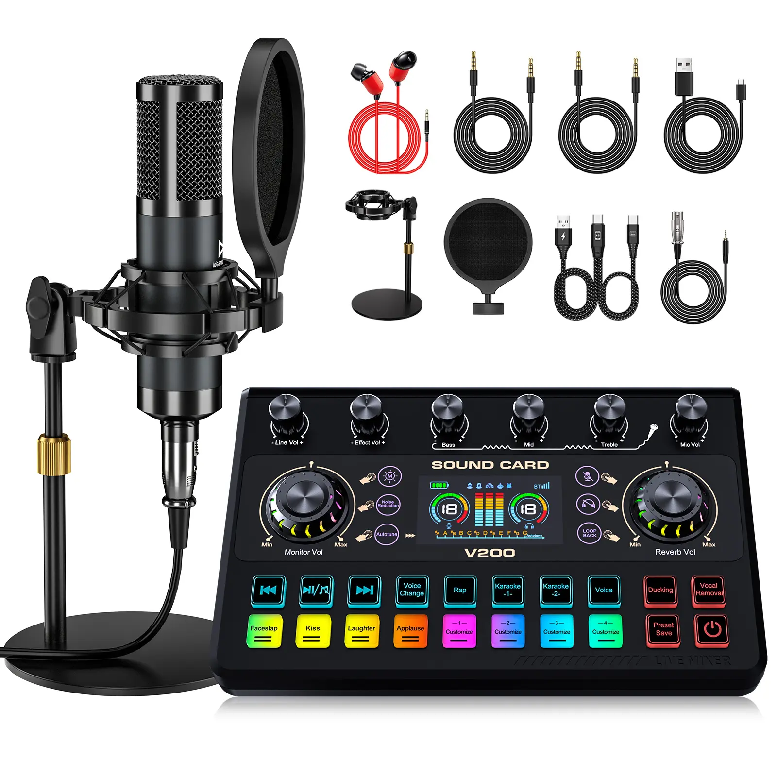 Ideanthro V200-P15 Sound Card Mixer - Wired Live Audio Mixer with 5 Voice Modes, 10+ Sound Effects, Independent EQ, Noise Reduction for Streaming, Podcasting Beginners, Wired Mixer