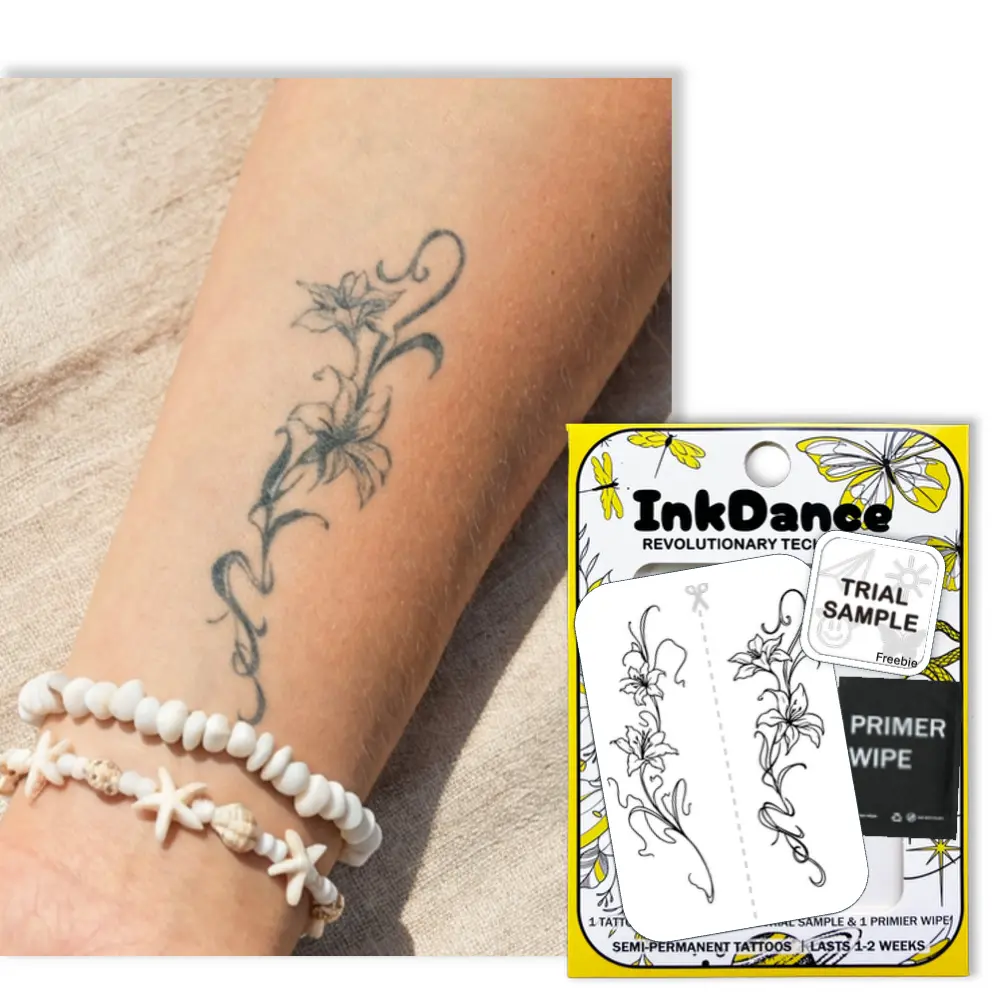 InkDance Semi-Permanent Tattoo, Lily Fine Line Art, Long Lasting Temporary Tattoos, Waterproof Plant-Based Ink, Lasts 1-2 Weeks, Color Develops in 24 Hours X225, Set of 2