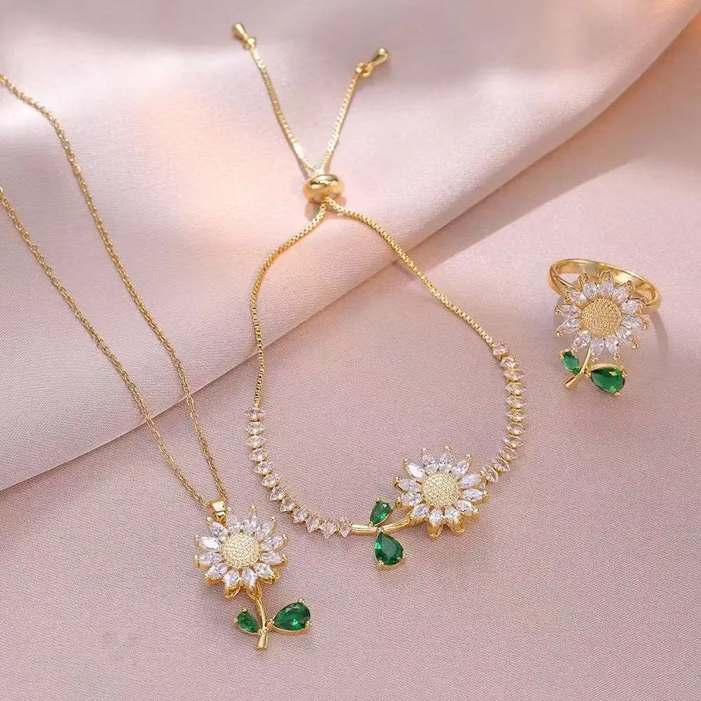 LisiZen Women's Minimalist Japanese Style Rotating Zircon Sunflower Earring & Clavicle Chain Female Set, Lightweight Smooth Finish Costume Jewelry Wholesale DZXL4473, Sunflower Ornament Earrings, Flower Chain Earrings