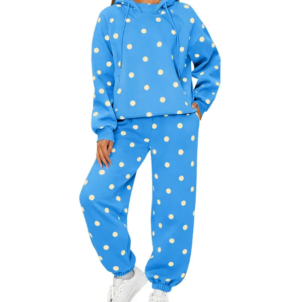 Fisoew Women's Polka Dot 2-Piece Tracksuit Set - Hooded Drawstring Sweatshirt, Cuffed Jogger Pants with Side Pockets for Loungewear, 2 Piece Sets