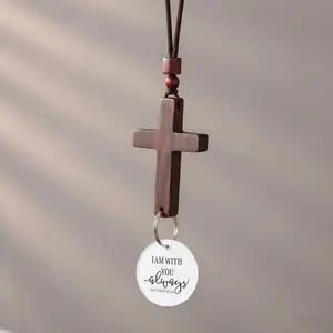 [Hot]Bible Verse Car Rearview Hanging Cross Ornament-Scan for Daily Scripture Christian Car Accessories Ideal Gift for Easter Xmas Solid Sandalwood Carved Cross for Car Mirror-"I Am With You Always" Christian Charm Religious Gift for Men Women Bible Study