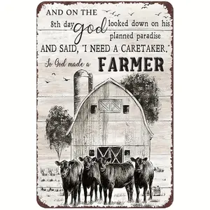 1pc 8x12 in Rustic Metal Wall Art Sign - 'God Made a Farmer' Phrase, Barn & Grazing Cattle, Father-Themed Graphic Prints, Durable Home Decor for Room Nautical Themes
